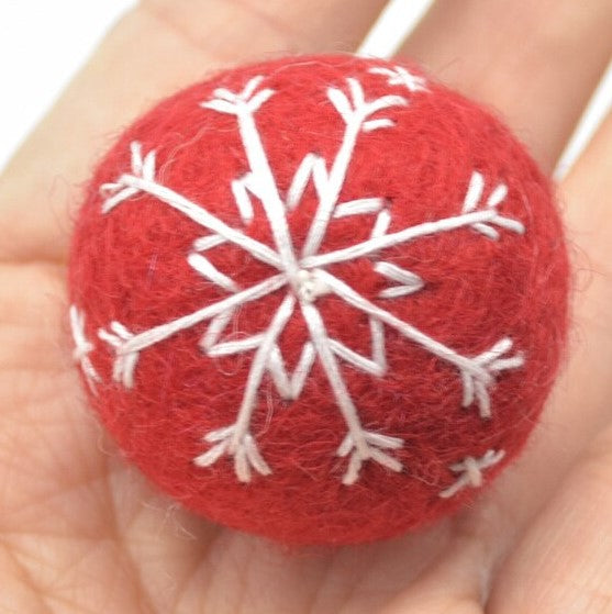 Handmade 100% Wool Snowflake Bauble - 3cm -  Red