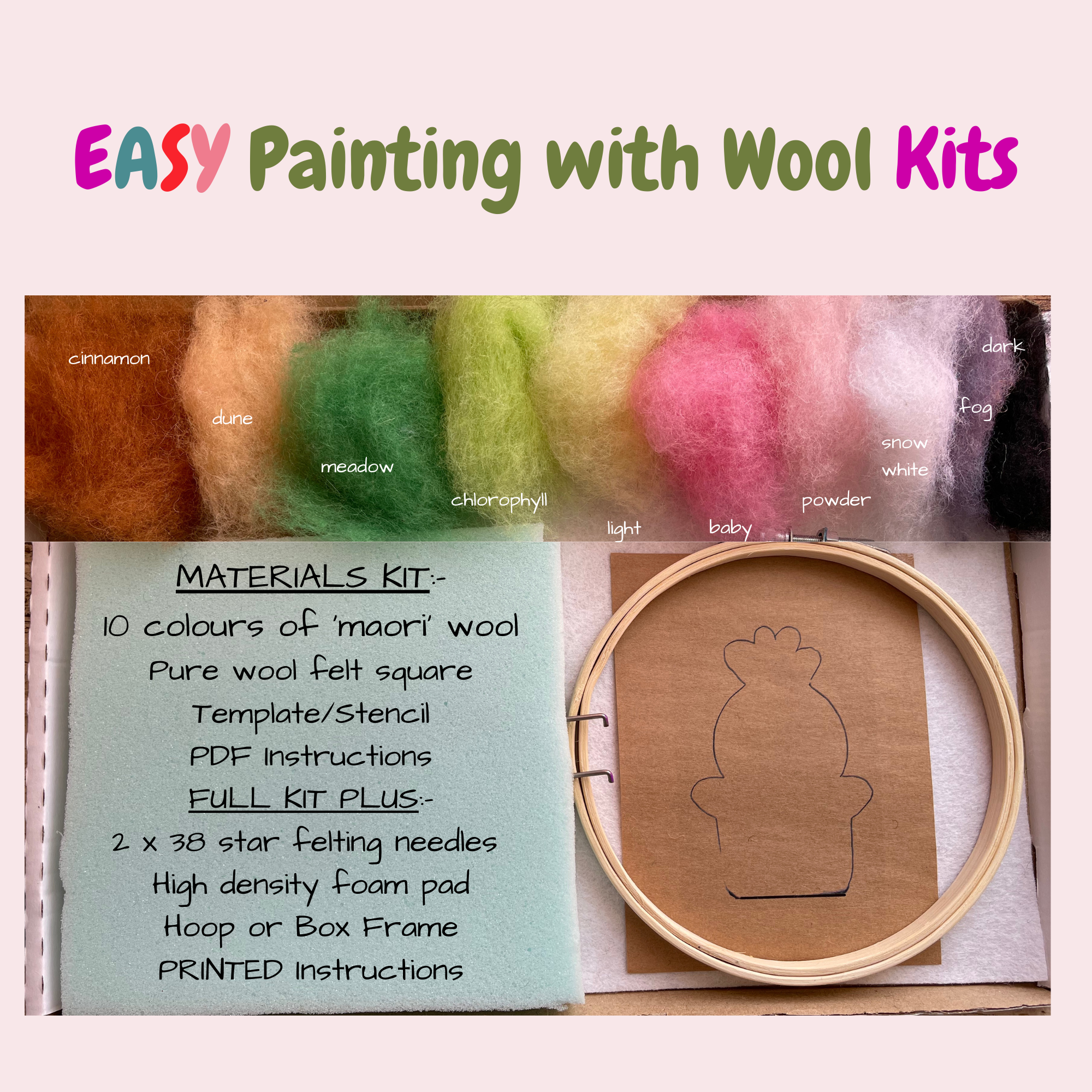EASY Painting with Wool!   2D Needle Felted Picture Kit - Cactus (1 of 3 in Cactus Set)